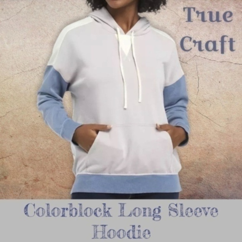 TRUE CRAFT Long Sleeve Color Block Pullover Cotton Hoodie-Lilac/Blue/Cream XL